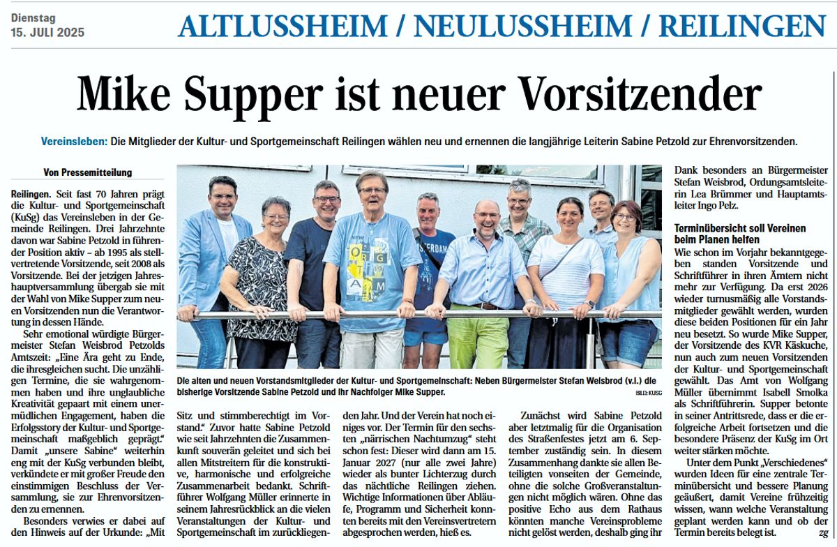 Auch die Hockenheimer Zeitung berichtete in einem Artikel am 15. Juli 2025 über den Wechsel in der Vorstandschaft.